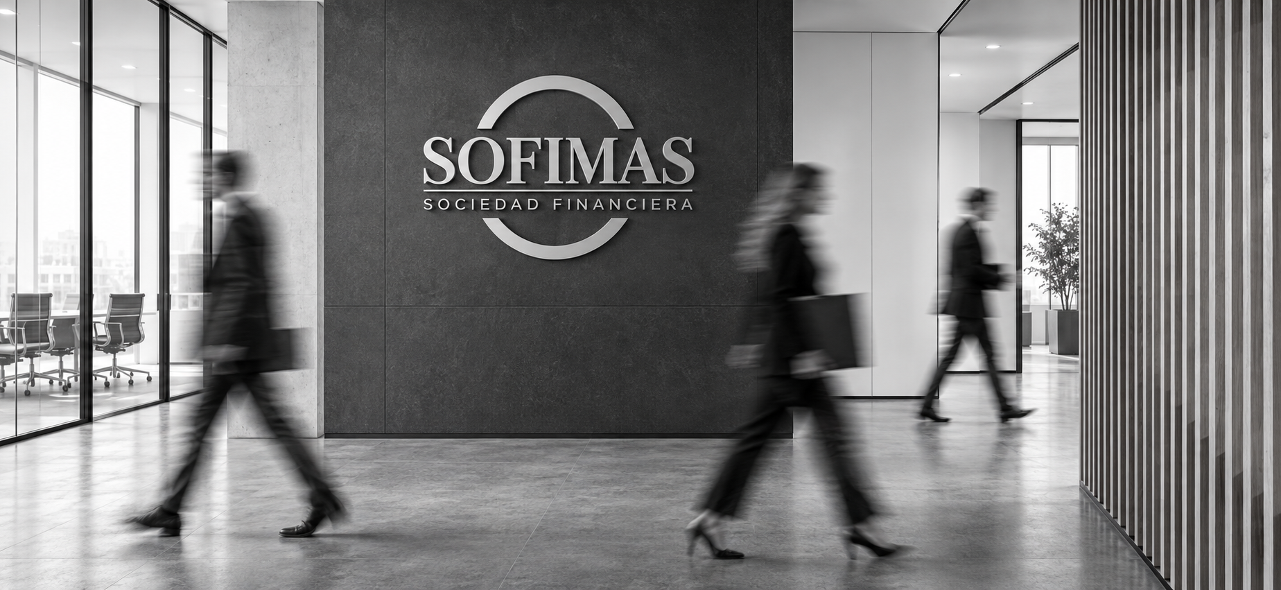 Vestíbulo corporativo de Sofimas con el logotipo en el muro y personas caminando